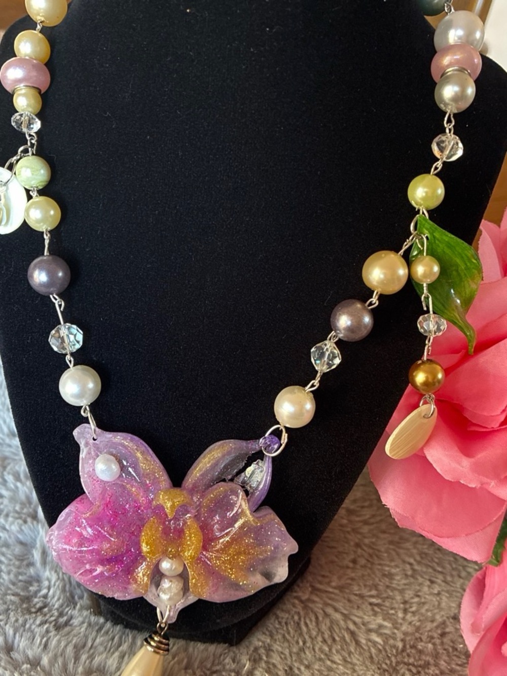 Handmade Pink & Iridescent Floral Statement Necklace - Picture 5 of 6